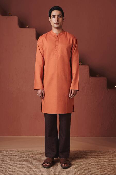 Buy_Saphed_Orange Cotton, Linen Marigold Kurta _Online_at_Aza_Fashions