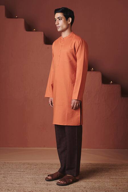Shop_Saphed_Orange Cotton, Linen Marigold Kurta _Online_at_Aza_Fashions