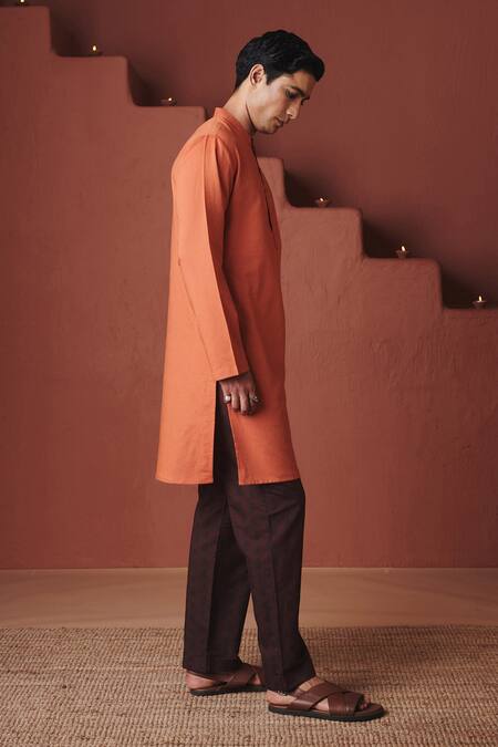 Saphed_Orange Cotton, Linen Marigold Kurta _at_Aza_Fashions