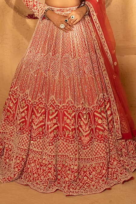 Amaltas Couture_Red Silk, Net Sequins, Stones, Embroidery Leaf Jaal Hand Bridal Lehenga Set _Online_at_Aza_Fashions
