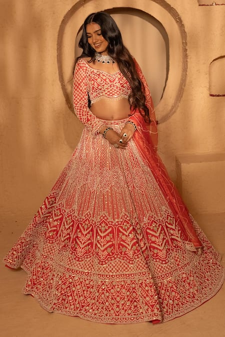 Buy_Amaltas Couture_Red Silk, Net Sequins, Stones, Embroidery Leaf Jaal Hand Bridal Lehenga Set _Online_at_Aza_Fashions