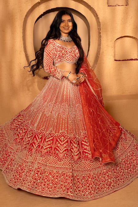 Amaltas Couture_Red Silk, Net Sequins, Stones, Embroidery Leaf Jaal Hand Bridal Lehenga Set _at_Aza_Fashions