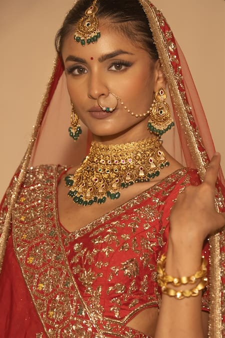 Amaltas Couture_Red Silk, Organza, Net Embroidery, Sequins, Jaal Hand Bridal Lehenga Set _Online_at_Aza_Fashions