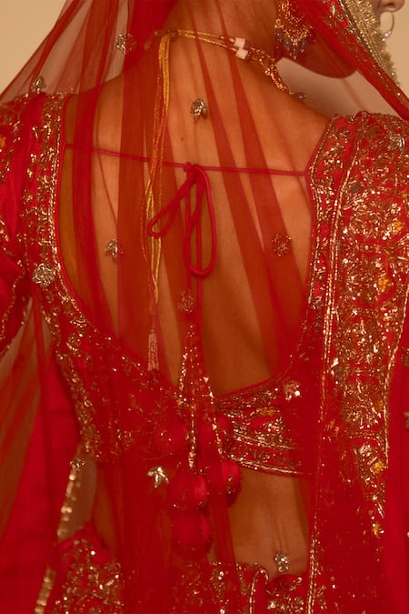 Buy_Amaltas Couture_Red Silk, Organza, Net Embroidery, Sequins, Jaal Hand Bridal Lehenga Set _Online_at_Aza_Fashions