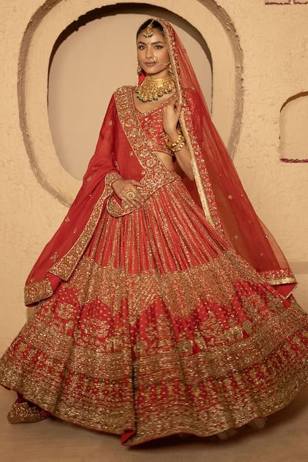 Shop_Amaltas Couture_Red Silk, Organza, Net Embroidery, Sequins, Jaal Hand Bridal Lehenga Set _Online_at_Aza_Fashions