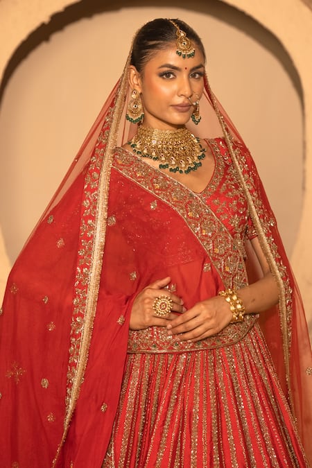Amaltas Couture_Red Silk, Organza, Net Embroidery, Sequins, Jaal Hand Bridal Lehenga Set _at_Aza_Fashions