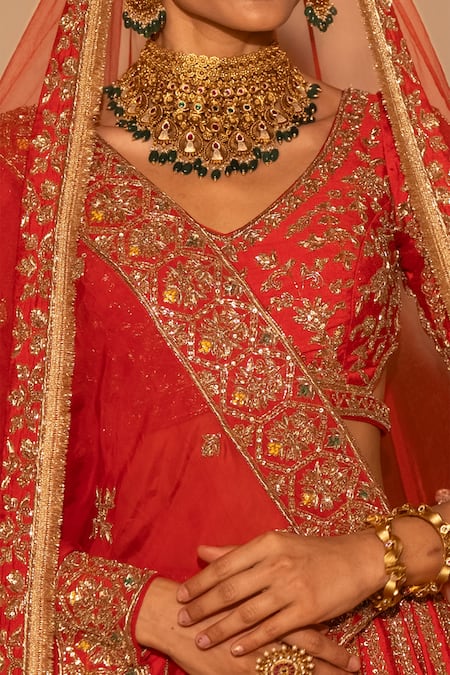 Buy_Amaltas Couture_Red Silk, Organza, Net Embroidery, Sequins, Jaal Hand Bridal Lehenga Set 