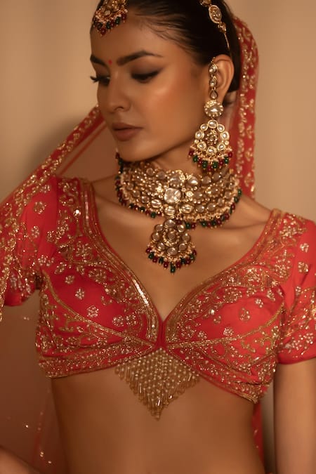 Buy_Amaltas Couture_Red Silk, Net Sequins, Stones, Beads, Embroidery Jaal Hand Bridal Lehenga Set _Online_at_Aza_Fashions