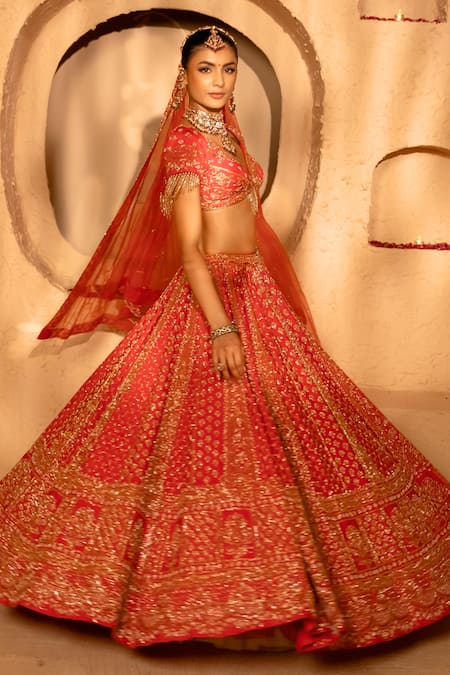 Buy_Amaltas Couture_Red Silk, Net Sequins, Stones, Beads, Embroidery Jaal Hand Bridal Lehenga Set 
