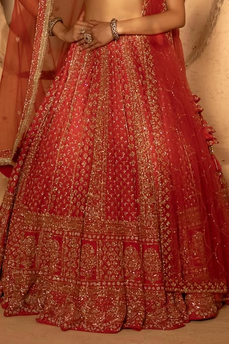 Shop_Amaltas Couture_Red Silk, Net Sequins, Stones, Beads, Embroidery Jaal Hand Bridal Lehenga Set 