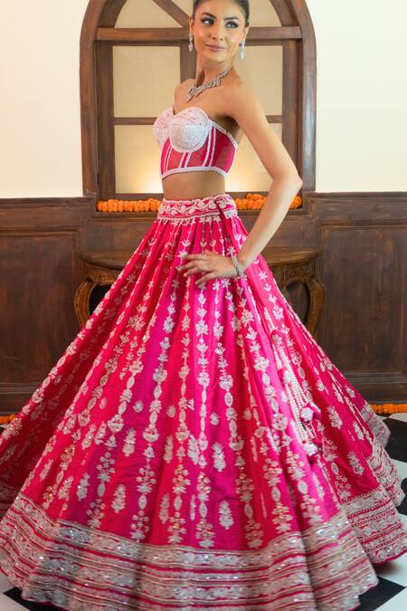 Amaltas Couture_Pink Silk, Net Embroidery, Sequins, Stones, Beads Sweetheart Hand Lehenga Set _Online_at_Aza_Fashions