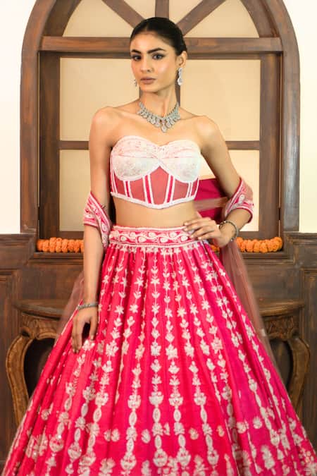 Buy_Amaltas Couture_Pink Silk, Net Embroidery, Sequins, Stones, Beads Sweetheart Hand Lehenga Set _Online_at_Aza_Fashions