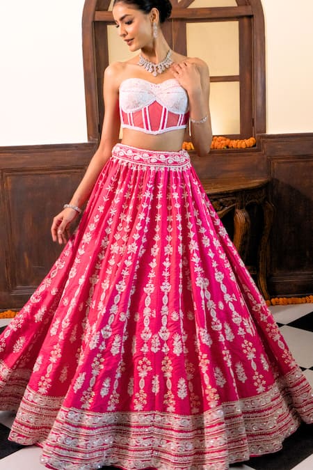 Shop_Amaltas Couture_Pink Silk, Net Embroidery, Sequins, Stones, Beads Sweetheart Hand Lehenga Set _Online_at_Aza_Fashions