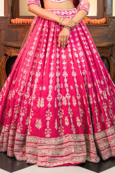 Amaltas Couture_Pink Silk, Net Embroidery, Sequins, Stones, Beads Sweetheart Hand Lehenga Set _at_Aza_Fashions