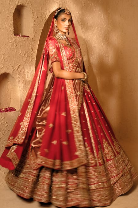 Amaltas Couture_Red Silk, Tissue, Organza, Net Embroidery, Sequins, Hand Bridal Lehenga Set _Online_at_Aza_Fashions