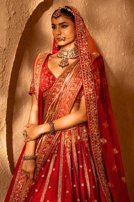 Buy_Amaltas Couture_Red Silk, Tissue, Organza, Net Embroidery, Sequins, Hand Bridal Lehenga Set _Online_at_Aza_Fashions