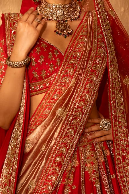Shop_Amaltas Couture_Red Silk, Tissue, Organza, Net Embroidery, Sequins, Hand Bridal Lehenga Set _Online_at_Aza_Fashions