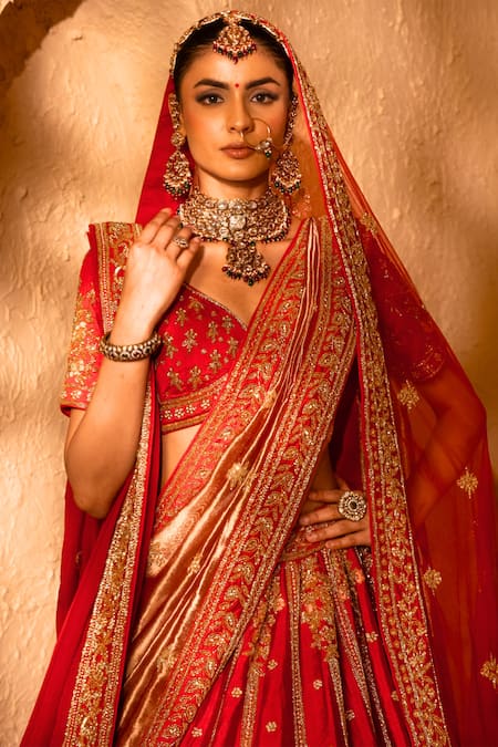 Amaltas Couture_Red Silk, Tissue, Organza, Net Embroidery, Sequins, Hand Bridal Lehenga Set _at_Aza_Fashions