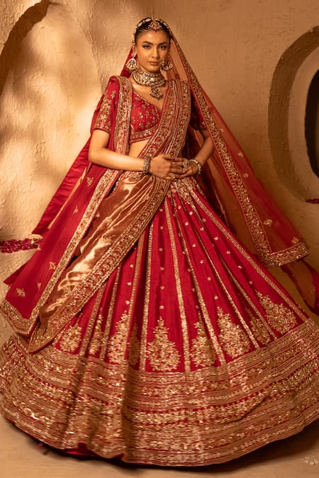 Buy_Amaltas Couture_Red Silk, Tissue, Organza, Net Embroidery, Sequins, Hand Bridal Lehenga Set 