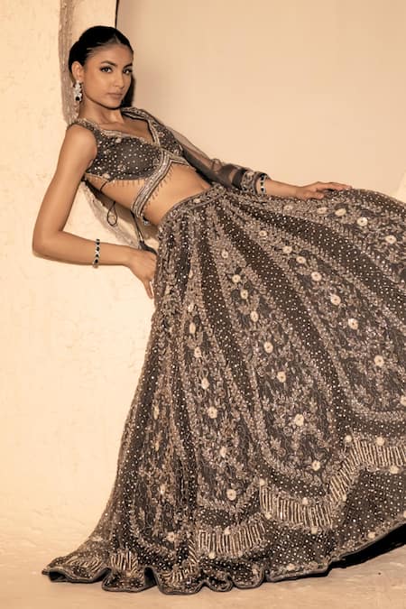 Shop_Amaltas Couture_Gray Net Sequins, Stones, Beads, Embroidery Floral And Geometric Lehenga Set _Online_at_Aza_Fashions