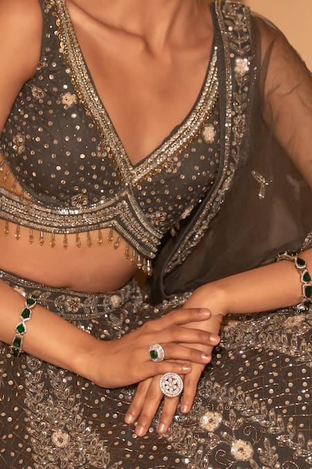 Amaltas Couture_Gray Net Sequins, Stones, Beads, Embroidery Floral And Geometric Lehenga Set _at_Aza_Fashions