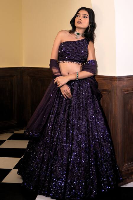Amaltas Couture_Purple Silk, Net Sequins, Beads, Embroidery, Tassels One Geometric Lehenga Set _Online_at_Aza_Fashions