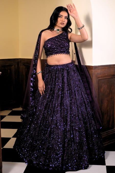 Shop_Amaltas Couture_Purple Silk, Net Sequins, Beads, Embroidery, Tassels One Geometric Lehenga Set _Online_at_Aza_Fashions