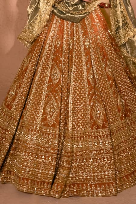 Buy_Amaltas Couture_Orange Tissue Embroidery, Sequins, Stones, Zari V-neck Rust Bridal Lehenga Set _Online_at_Aza_Fashions
