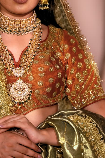Shop_Amaltas Couture_Orange Tissue Embroidery, Sequins, Stones, Zari V-neck Rust Bridal Lehenga Set _Online_at_Aza_Fashions