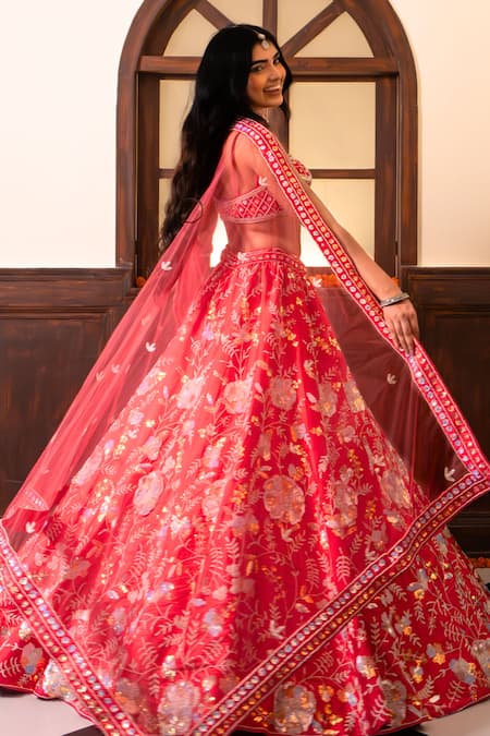 Buy_Amaltas Couture_Pink Silk, Net Sequins, Beads, Embroidery Sweetheart Neck Botanical Lehenga Set _Online_at_Aza_Fashions