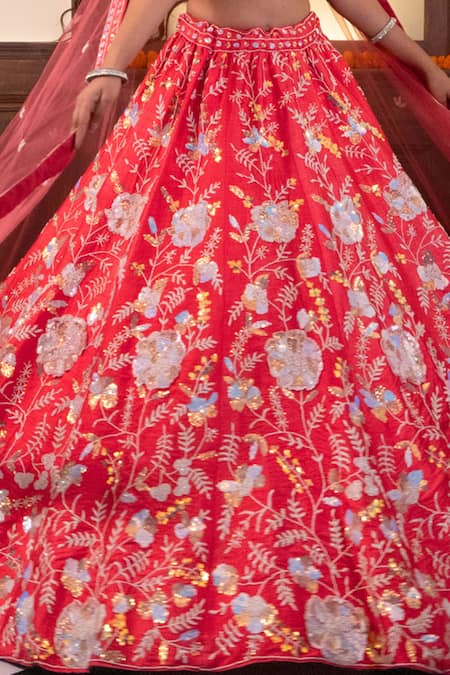 Shop_Amaltas Couture_Pink Silk, Net Sequins, Beads, Embroidery Sweetheart Neck Botanical Lehenga Set _Online_at_Aza_Fashions