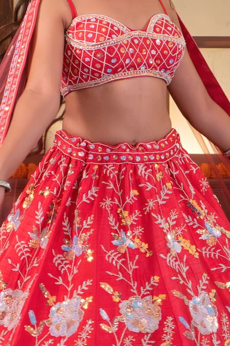 Amaltas Couture_Pink Silk, Net Sequins, Beads, Embroidery Sweetheart Neck Botanical Lehenga Set _at_Aza_Fashions