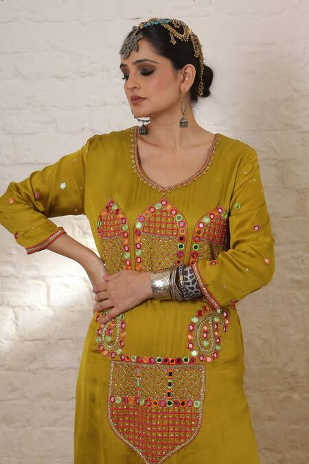 Sheeshakari_Mustard Silk Embroidery, Mirrors, Beads, Zari Minar Motif Hand Kurta Salwar Set _Online_at_Aza_Fashions