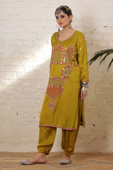 Buy_Sheeshakari_Mustard Silk Embroidery, Mirrors, Beads, Zari Minar Motif Hand Kurta Salwar Set _Online_at_Aza_Fashions