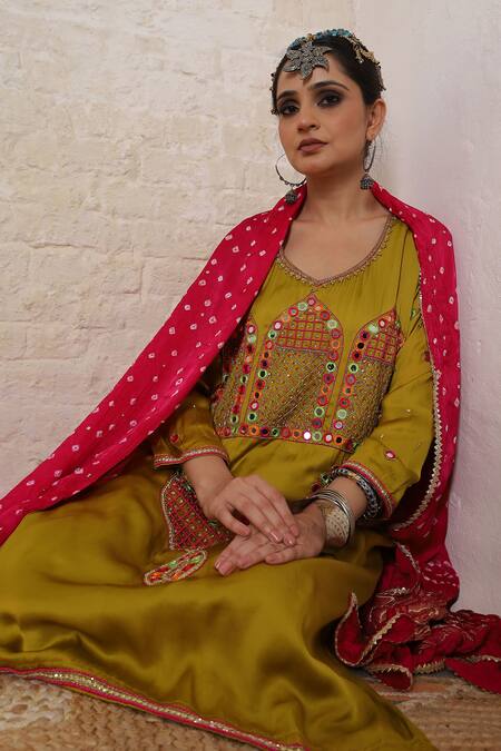 Shop_Sheeshakari_Mustard Silk Embroidery, Mirrors, Beads, Zari Minar Motif Hand Kurta Salwar Set _Online_at_Aza_Fashions