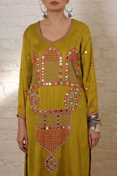 Sheeshakari_Mustard Silk Embroidery, Mirrors, Beads, Zari Minar Motif Hand Kurta Salwar Set _at_Aza_Fashions