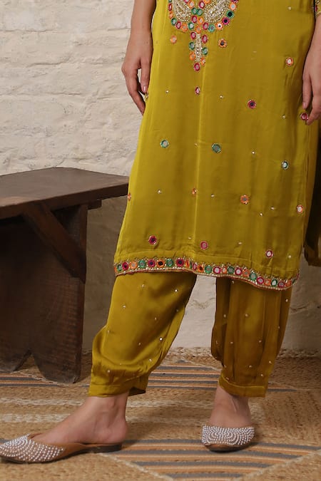Sheeshakari Mustard Silk Embroidery, Mirrors, Paisley Work Kurta Salwar And Bandhani Dupatta Online at Aza Fashions Sheeshakari_Mustard Silk Embroidery, Mirrors, Paisley Work Kurta Salwar And Bandhani Dupatta _Online_at_Aza_Fashions