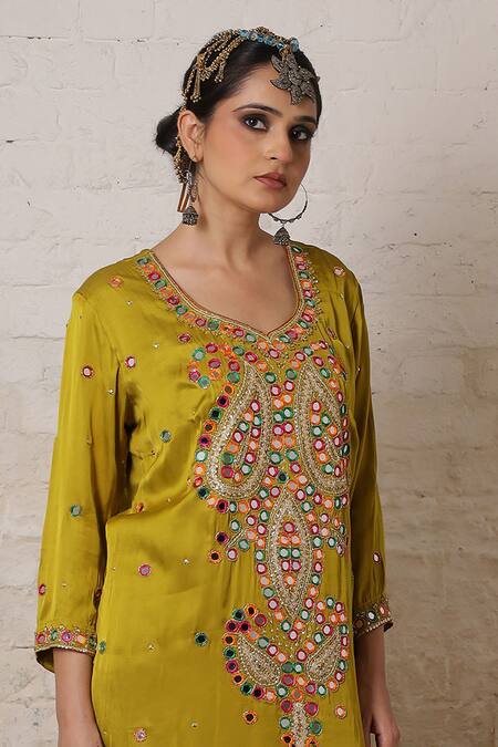 Buy Sheeshakari Mustard Silk Embroidery, Mirrors, Paisley Work Kurta Salwar And Bandhani Dupatta Online at Aza Fashions Buy_Sheeshakari_Mustard Silk Embroidery, Mirrors, Paisley Work Kurta Salwar And Bandhani Dupatta _Online_at_Aza_Fashions