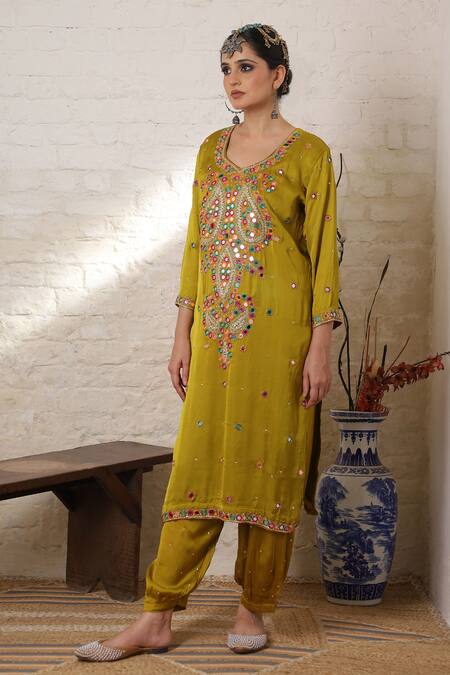 Shop_Sheeshakari_Mustard Silk Embroidery, Mirrors, Paisley Work Kurta Salwar And Bandhani Dupatta _Online_at_Aza_Fashions