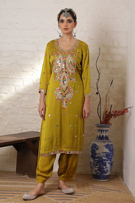 Buy_Sheeshakari_Mustard Silk Embroidery, Mirrors, Paisley Work Kurta Salwar And Bandhani Dupatta 