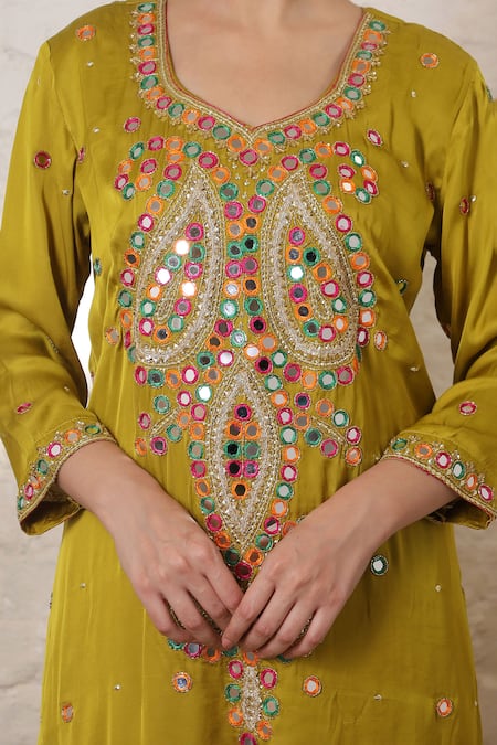 Shop_Sheeshakari_Mustard Silk Embroidery, Mirrors, Paisley Work Kurta Salwar And Bandhani Dupatta 