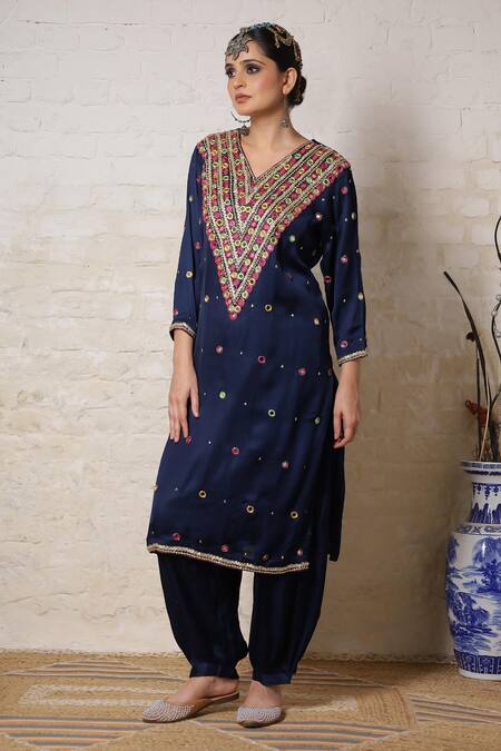 Sheeshakari_Blue Silk Embroidery, Mirrors, Beads, Zari Kurta And Salwar Set With Dupatta _Online_at_Aza_Fashions