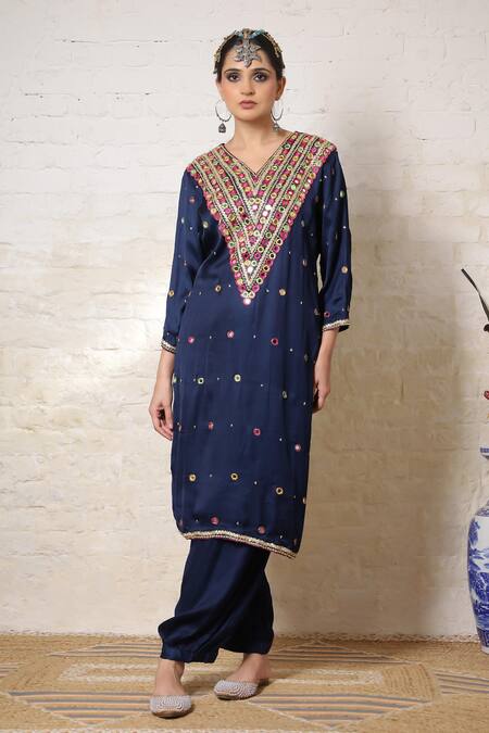 Buy_Sheeshakari_Blue Silk Embroidery, Mirrors, Beads, Zari Kurta And Salwar Set With Dupatta _Online_at_Aza_Fashions