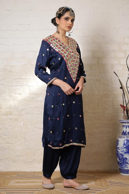 Sheeshakari_Blue Silk Embroidery, Mirrors, Beads, Zari Kurta And Salwar Set With Dupatta _at_Aza_Fashions