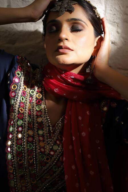 Buy_Sheeshakari_Blue Silk Embroidery, Mirrors, Beads, Zari Kurta And Salwar Set With Dupatta 