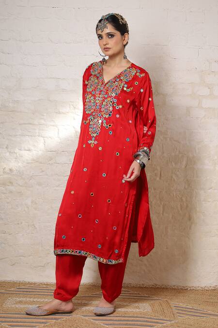 Shop_Sheeshakari_Red Silk Embroidery, Mirrors, Beads, Zari V-neck Paisley Work Kurta Salwar Set _Online_at_Aza_Fashions