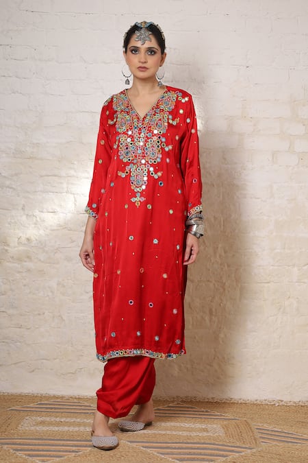 Buy_Sheeshakari_Red Silk Embroidery, Mirrors, Beads, Zari V-neck Paisley Work Kurta Salwar Set 