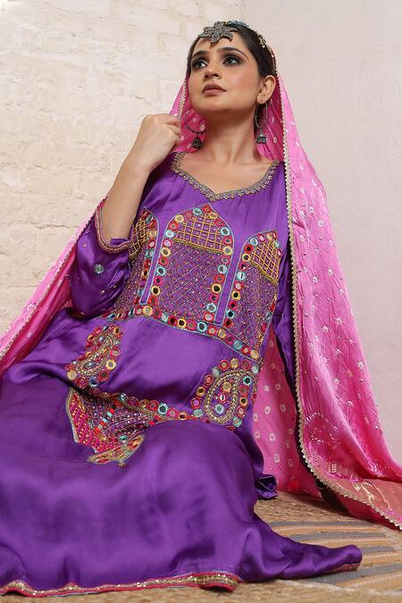 Buy_Sheeshakari_Purple Silk Embroidery, Mirrors, Beads, Zari Scoop Minar Motif Hand Kurta Set _Online_at_Aza_Fashions