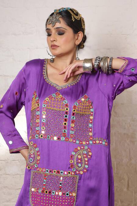 Sheeshakari_Purple Silk Embroidery, Mirrors, Beads, Zari Scoop Minar Motif Hand Kurta Set _at_Aza_Fashions