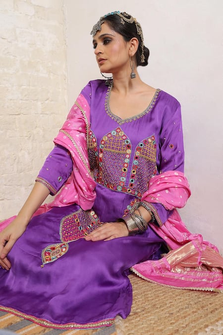 Buy_Sheeshakari_Purple Silk Embroidery, Mirrors, Beads, Zari Scoop Minar Motif Hand Kurta Set 